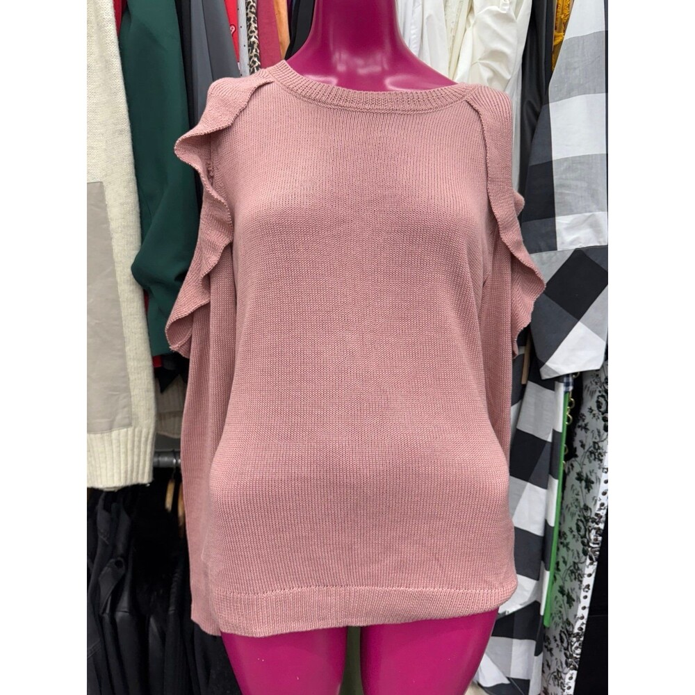 NWOT Scoop Neck Cutout Ruffle Cold Shoulder Long Sleeve Knit Sweater Top Medium